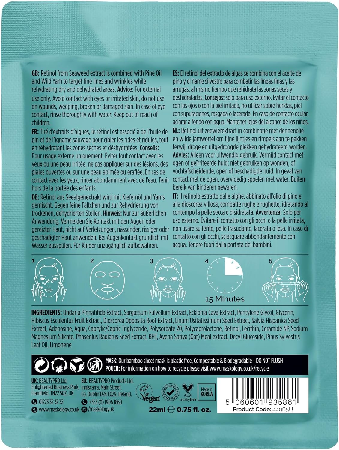 RETINOL Professional Sheet Mask Pack of 1 | Seaweed Kelp anti Aging Sheet Face Masks | Organic Pine Oil & Wild Yam | Face Masks Skincare | 100% Plant Based |